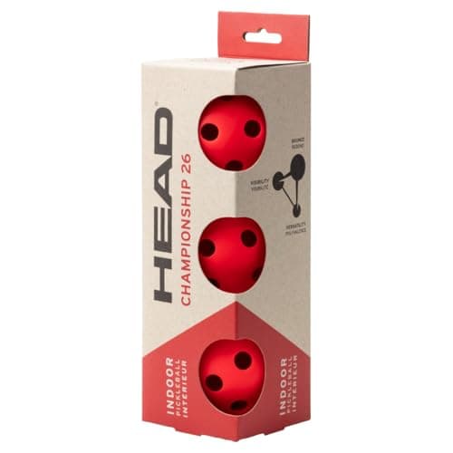 Verpackung mit drei roten Indoor-Pickleball-Bällen, Kartonhülle mit HEAD-Schriftzug, weißer Hintergrund