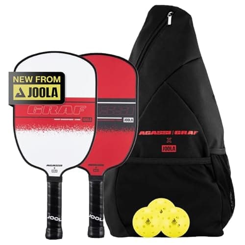 Zwei JOOLA Pickleball-Schläger in Weiß und Rot, schwarze Tasche und drei gelbe Bälle