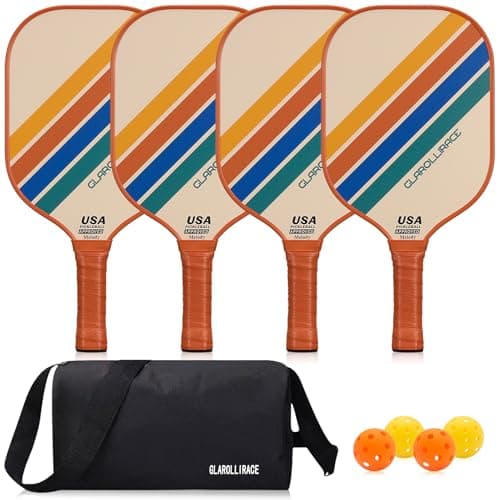 Pickleball Paddle Set mit 4 Fiberglas Fledermäusen, USAPA genehmigt, Pickleball Paddle, Fiberglas Oberfläche und PP Wabenkern, atmungsaktiver Griff, 4 Innen- und Außenbälle, 1 Tasche