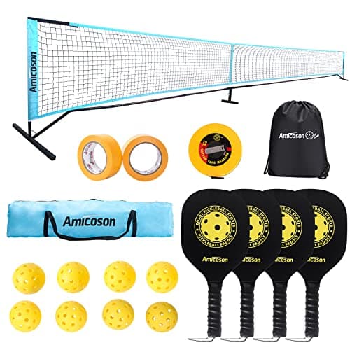 Pickleball-Set mit Netz, vier schwarzen Schlägern, acht gelben Bällen, Taschen und Markierungsband