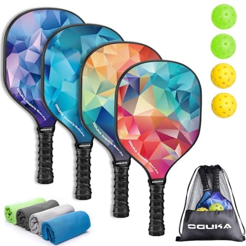 Vier Pickleball-Paddel mit geometrischem Muster, vier Bälle, vier Handtücher und Netztasche OGUKA