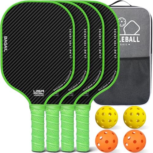 BAGAIL Pickleball Schlägerset, Pickle-Ball Schläger mit 4 Bällen, leicht – hohe Stoßdämpfung – ergonomisch, geeignet für Pickleball-Spiele im Innen- und Außenbereich, Grün/4er-Pack